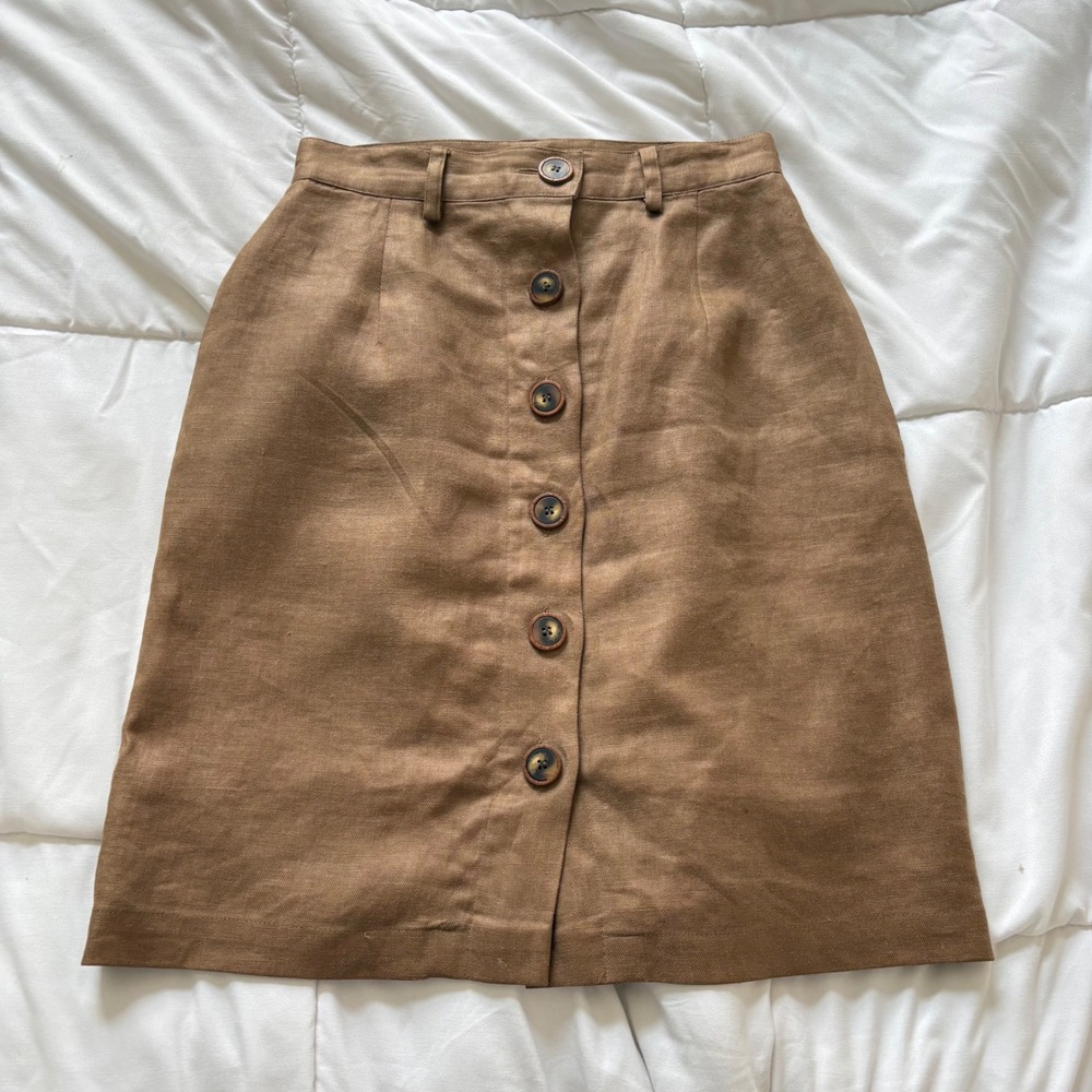 Vintage‎ A-Line Midi Womens 4 Skirt 100% Linen Button Front Brown Quiet Luxury